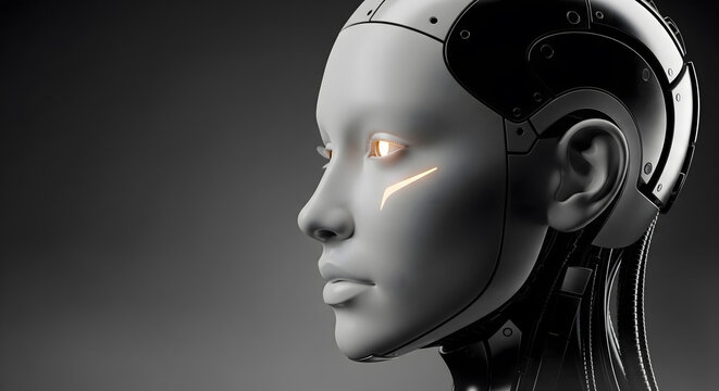 Profile view of an advanced humanoid robot with glowing digital eyes and sleek metallic plating against a dark background.