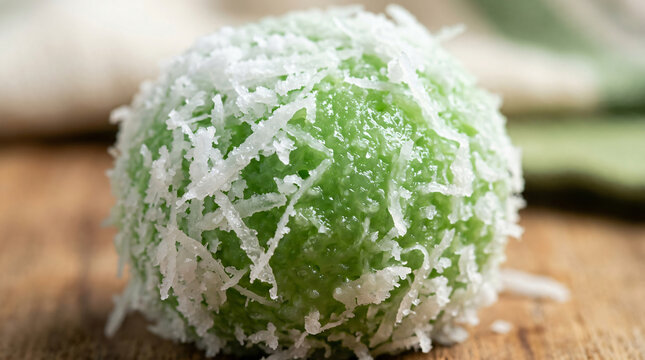 Traditional Indonesian Klepon sweet rice cake ball coated with shredded coconut on wooden surface.