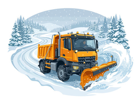 Orange Snowplow Truck Clearing Deep White Snow on a Winding Mountain Road During a Winter Blizzard