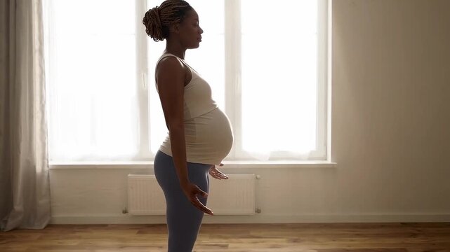 Pregnant woman standing in profile at home. Maternity and prenatal health during the journey to motherhood.
