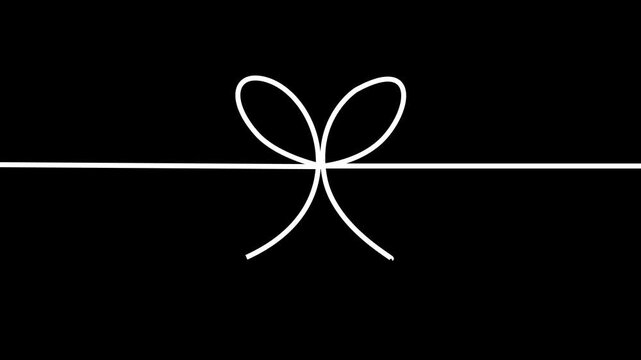 white line drawing forming a ribbon bow knot on a solid black background.Ideal for gift box packaging reveals, holiday greeting videos, love animations, and romantic event title intro sequences