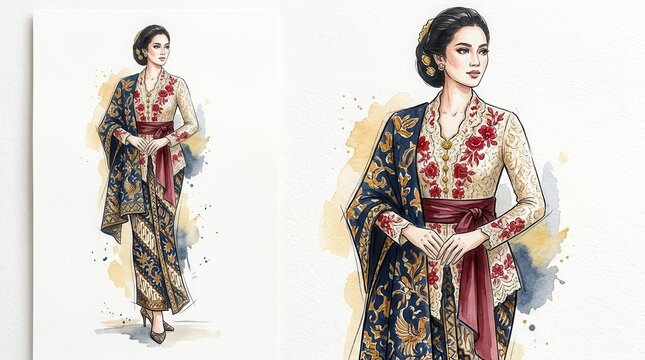 Elegant Watercolor Fashion Illustration of a Woman in Traditional Indonesian Kebaya and Batik Attire for Cultural Events