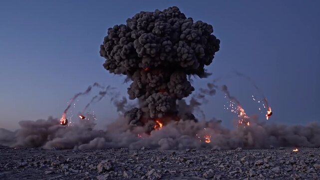 Massive explosion rises into a mushroom cloud over rocky terrain, depicting a nuclear blast, catastrophic destruction, and the force of detonation.