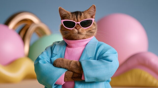 Cat in Retro-Futuristic Outfit Posing with Colorful Balls Sunglasses and a Smirk