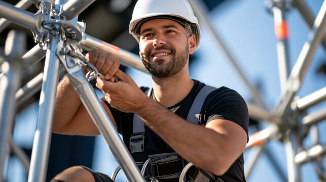 Rigger technician wearing helmet and harness working on an outdoor stage structure, carefully securing metal connections, event safety, structural rigging, concert infrastructure,