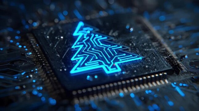 Glowing cyan neon Christmas tree circuit icon on microchip processor over dark PCB motherboard for tech holiday background (AI Generated)