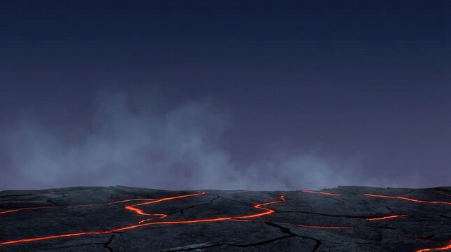 A dark, dramatic landscape features a vast expanse of black lava rock crisscrossed by glowing red fissures. A stormy sky with dark clouds looms overhead, partially obscuring a pale blue horizon.