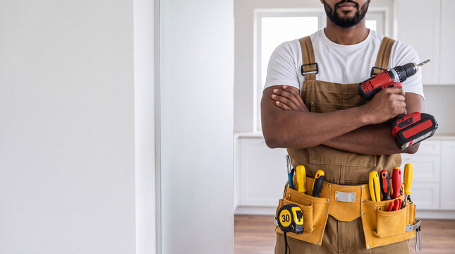 Professional African American handyman standing with arms crossed in modern apartment, wearing tool belt and holding cordless power drill for home renovation and repair service concept