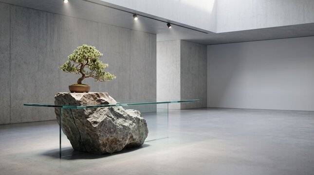 Conceptual business background with glass desk raw stone and bonsai tree