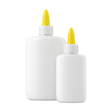 Two White Glue Bottles with Yellow Caps Isolated on Black Background