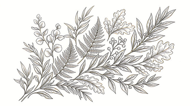 Branch composition displaying detailed line art of various leaves and berries arranged horizontally.