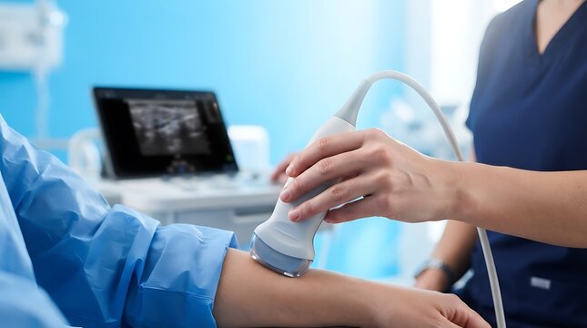 Medical ultrasound examination on patient arm, healthcare nurse using sonogram transducer machine in clinic