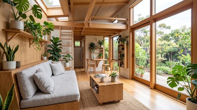 Modern tiny house interior with wooden architecture, bright living room with grey sofa and indoor plants, large glass doors overlooking garden, minimalist loft design