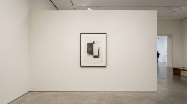 A rectangular painting hangs on a white wall in a modern art gallery. The painting features a dark, abstract composition of geometric shapes.