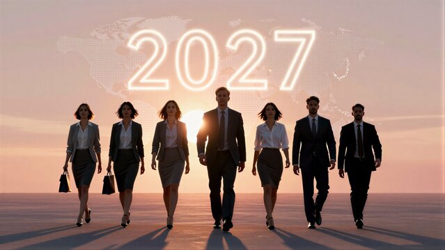 Business team strides forward toward 2027, symbolizing future growth and global ambition.