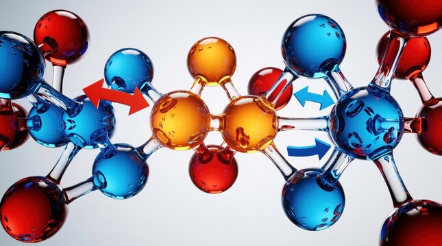 3D diagram shows ionic bond formation between atoms. Red arrows indicate electron transfer from metal to nonmetal. Molecule structure with colorful spheres creates ionic compound lattice. Science