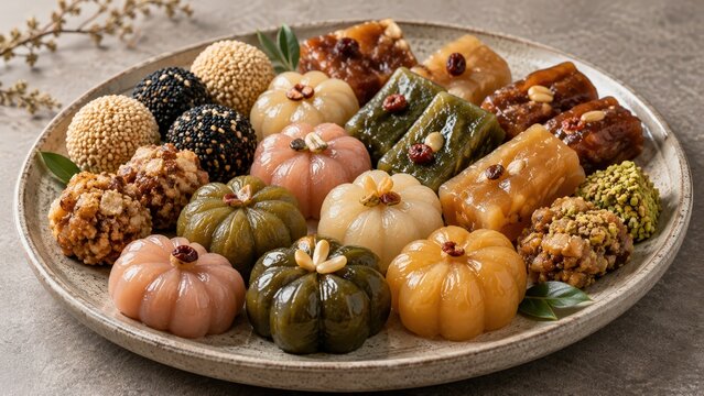 Postre tradicional coreano Gaeseong Juak con glaseado de miel y decoraci&oacute;n elegante