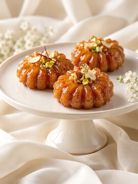 Postre tradicional coreano Gaeseong Juak con glaseado de miel y decoraci&oacute;n elegante