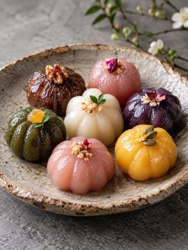 Postre tradicional coreano Gaeseong Juak con glaseado de miel y decoraci&oacute;n elegante