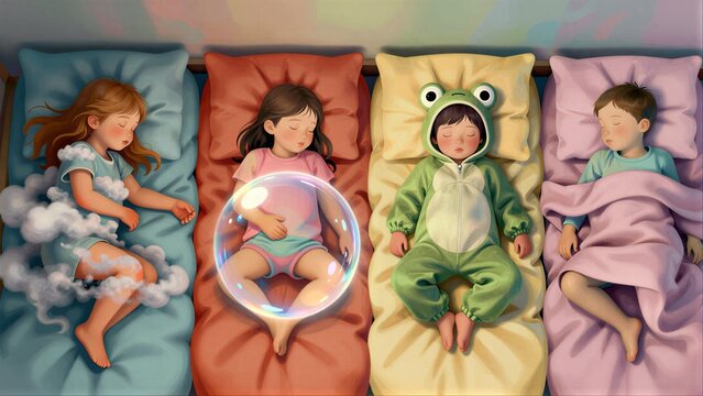 Three children sleep peacefully in colorful beds, one with a floating bubble.