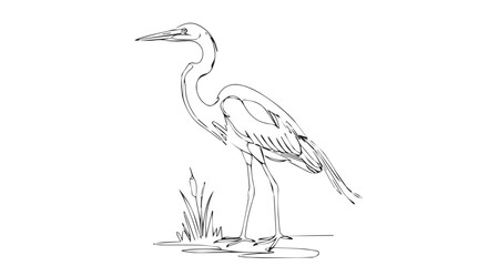 Fototapeta premium Minimalist continuous line art illustration of a heron standing in a marsh on a textured vintage background