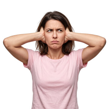 Woman covering ears, annoyed expression, ignoring noise, isolated