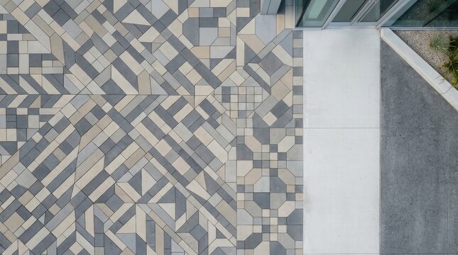 A close-up shot of a geometrically patterned paving stone surface. The paving features a complex, abstract design composed of interlocking rectangular tiles in shades of gray, beige, and white.