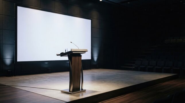 A dark stage is illuminated by spotlights, featuring a podium with a microphone and a large blank screen.