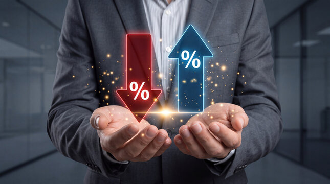 Businessman Holding Glowing Red and Blue Arrows with Percentage Icons Representing Interest Rate Fluctuation, Inflation Trends, Banking Transactions, and Global Financial Market Volatility