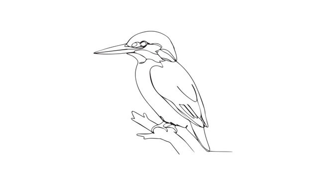 Minimalist continuous line art illustration of a kingfisher bird perched on a branch on a textured vintage background