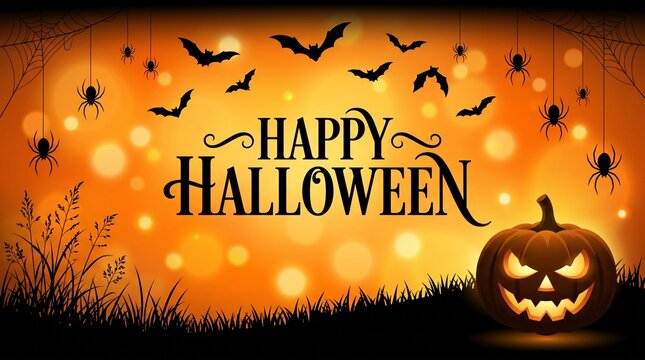 Happy halloween greeting with jack o lantern and bats
