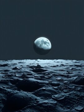 full moon illuminates a dark alien planet landscape with craters and rocks in an extraterrestrial environment