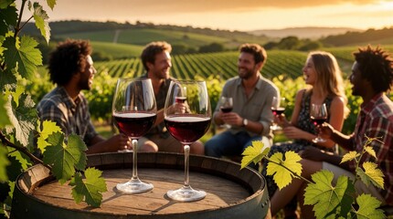 Obraz premium Diverse group of friends enjoy wine tasting experience outdoors at scenic vineyard. Laugh, gather around wooden barrels filled with deep red wine. Sunlight shines through green grape foliage, setting