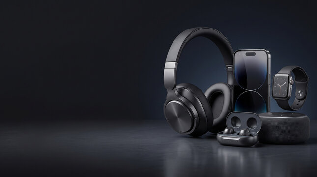 Modern Technology Product Collection with Premium Smartphone, Wireless Headphones, Smartwatch, Earbuds and Smart Speaker in Cinematic Dark Studio.