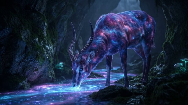Giant Cosmic Antelope Creature with Nebula Colored Fur Drinking from a Bioluminescent River