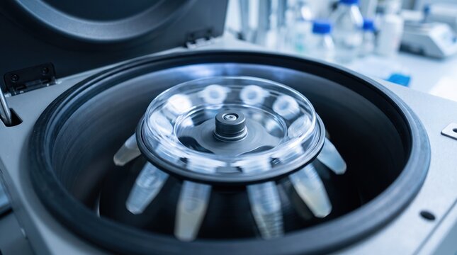 Close-up of precision laboratory centrifuge machine in operation