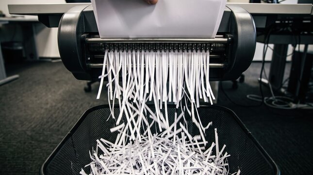 Industrial paper shredder processing white document strips in office setting