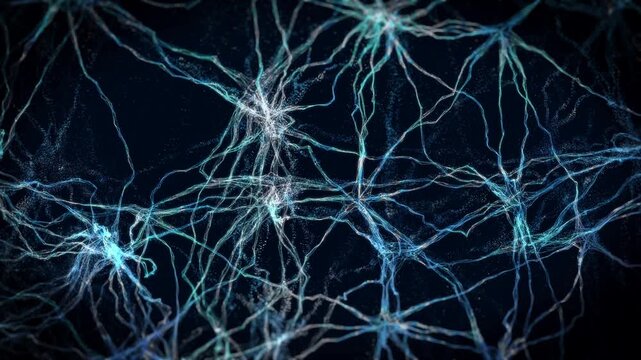 Zooming neural network animation showing synapses and information transmission.
