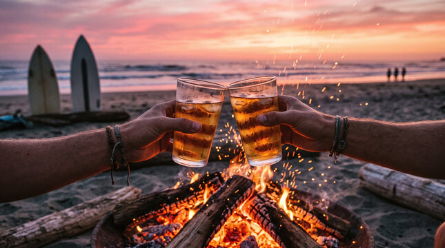 Two friends toasting glasses of beer over a beach bonfire at golden sunset