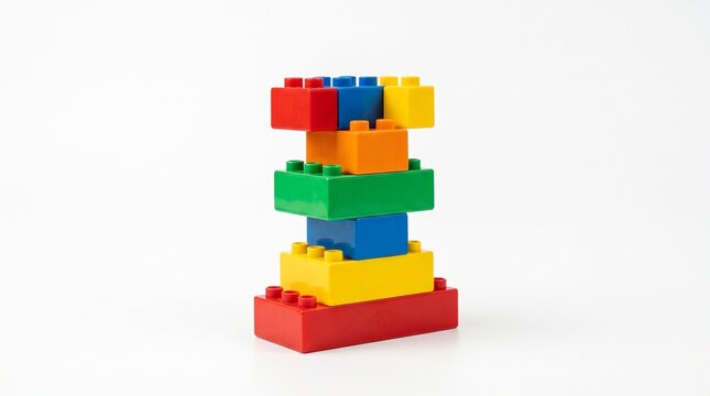 Colorful block tower built with interlocking plastic toy bricks.