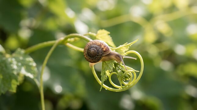 Garden Snail Crawling on Curled Vine Tendril, Macro Nature Photography