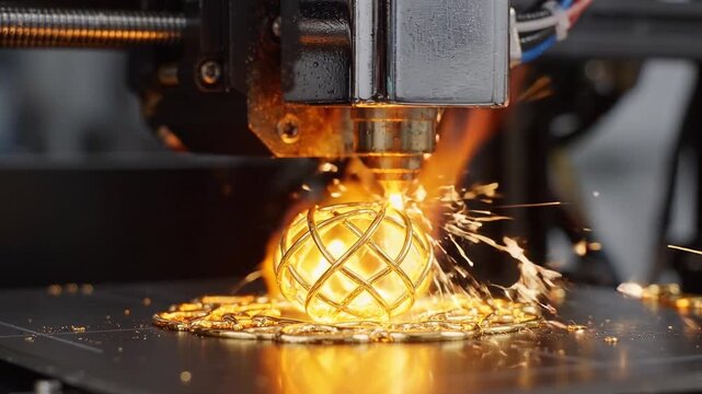 Futuristic 3D Printer Fabricating Glowing Golden Sphere with Sparks