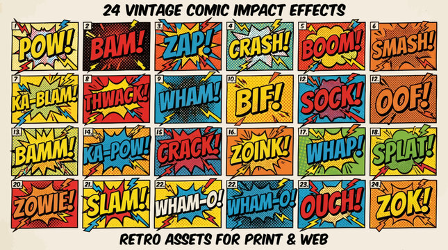 Collection of 24 vintage comic book impact sound effects and exclamations, retro pop art style assets for print and web design.
