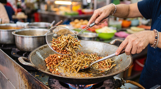 Street vendor deep frying crispy anchovies and peanuts in a wok for nasi lemak