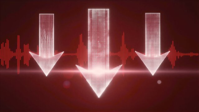 Three glowing arrows descend over sound waves, symbolizing audio reduction or decline.