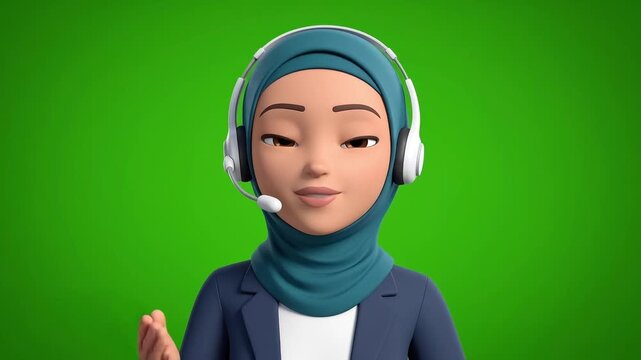 3D Muslim Woman Character with Headset Talking on Green Screen Background