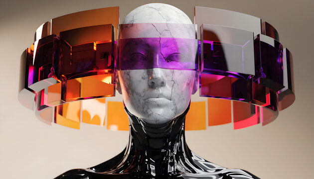 Artificial intelligence consciousness and cybernetic vision. Advanced biometric computing and identity. Marble female cyborg wearing segmented visor ring