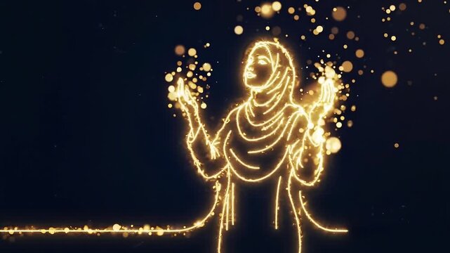 Golden Glowing Particles Forming Praying Muslim Woman Silhouette at Night