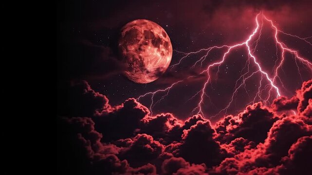 Dramatic Red Glowing Lava and Fiery Lightning Storm on Dark Background