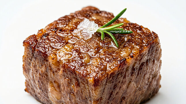 A perfectly seared cube of beef steak topped with fresh rosemary and sea salt.